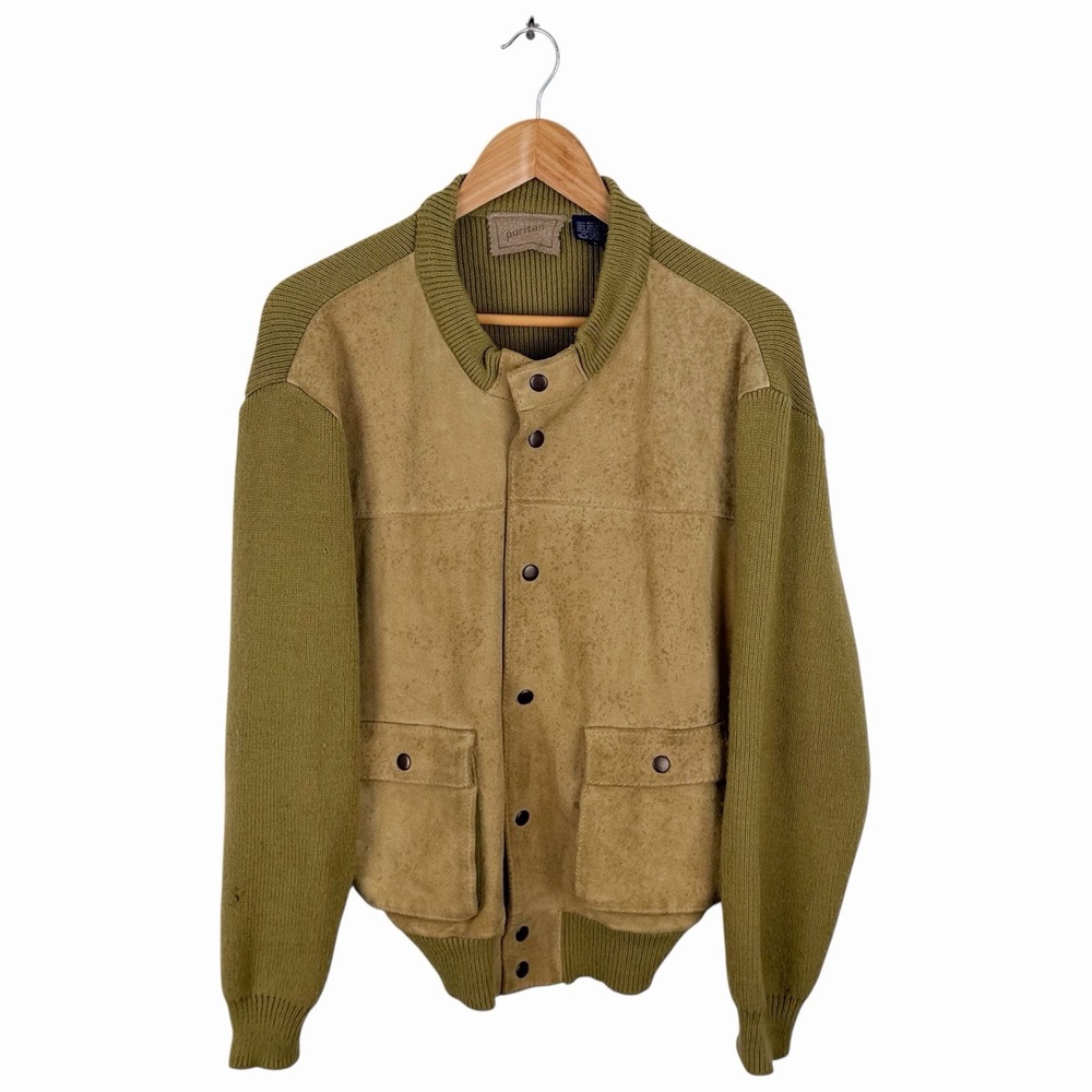 Vintage 70s Puritan Men's Leather Front Jacket Green Knit Sleeves Snap Large